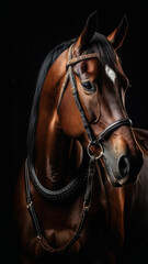 Fototapeta na wymiar Elegant horse portrait on black background. Beautiful lonely horse