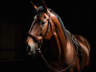 Elegant horse portrait on black background. Beautiful lonely racehorse
