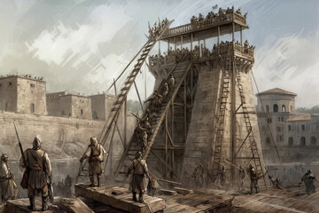 Illustration of Roman wooden siege machines from the time of the Roman Empire. Generative Ai.