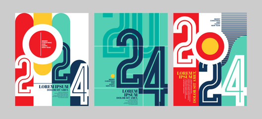 2024 Colorful set of Happy New Year posters. Abstract design with typography style. Vector logo 2024 for celebration and season decoration, backgrounds for branding, banner, cover, card and or social 