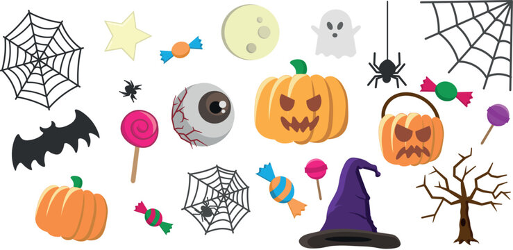 A set of halloween related spooky icons, trick or treat, designs such as carved scary pumpkins and candy, witch's hat, moon, spider's web, eyeball and bats.