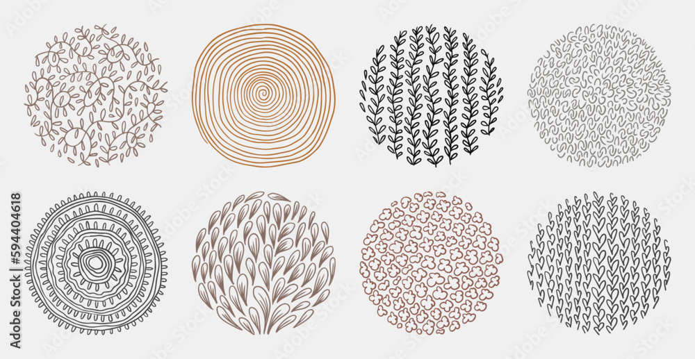 Wall mural set of hand drawn abstract lines and curves patterns. circle doodle background frame elements. artis