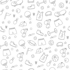 Fitness and sport seamless pattern. Line art. Doodle hand drawn sport elements. 