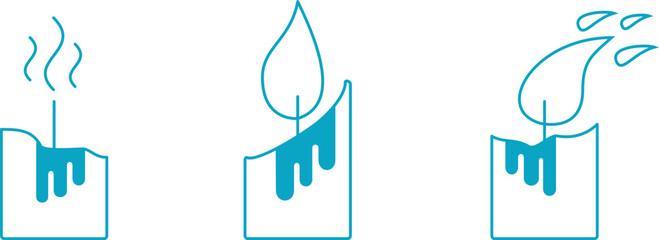 candles with fire, burning blue candles to illuminate dark rooms, an extinguished candle and dripping wax, vector illustration