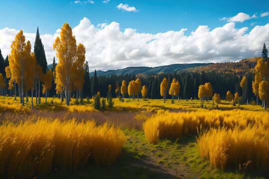 Golden autumn. Autumn landscape with a sprawling field with yellowed grass, trees with yellow leaves, a forest in the distance and a blue sky with white clouds.  AI generation
