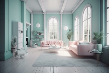 Fototapeta na wymiar Generative ai vintage living room, pastel color interior design