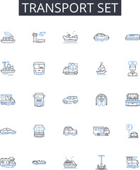 Transport set line icons collection. Health kit, Travel bag, Entertainment pack, Office statiry, Cooking utensils, Fitness equipment, Art supplies vector and linear illustration. Camping gear,Beauty