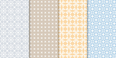 Set of cute minimal geometric texture seamless patterns. Repeating simple geometrical shapes modern background. Graphic trendy abstract wallpaper.
