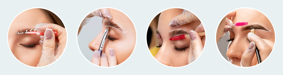 The make-up artist does Long-lasting styling of the eyebrows of the eyebrows and will color the...
