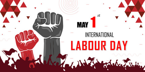 May 1st international labor day, red color abstract background with geometric design, workers unity and gain human rights, cheering people with flags in rally, raised fist, global labour celebration