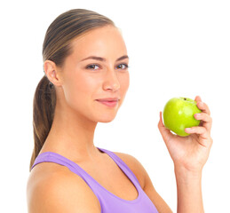 Isolated woman, wellness portrait and apple for nutrition, lose weight and body fiber by transparent png background. Female model, fruit or diet for fitness, health and smile on face for natural food
