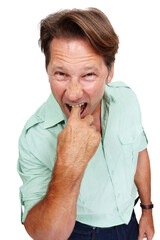 Portrait, nausea or man with finger in mouth isolated on transparent png background feeling ill or...