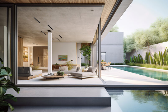 Architecture image of modern design home with pool and living room. Generative AI.