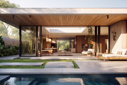 Architecture image of modern design house backyard and pool. Generative AI.