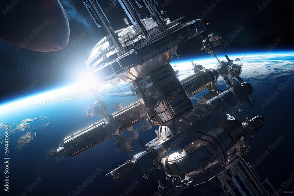 Sticker space station with view of the earth, surrounded by stars and planets, created with generative ai