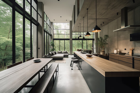 Modern design open kitchen island and dining room in home. Generative AI.