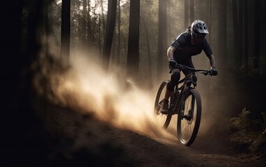 Fototapeta na wymiar Expert mountain bike cyclist descending downhill in the forest. Generative AI