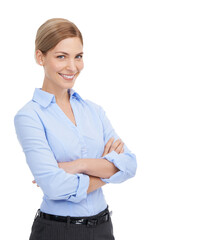 Portrait, mindset and arms crossed with a business woman isolated on a transparent background. Vision, mission or professional with a confident and attractive young female employee standing on PNG