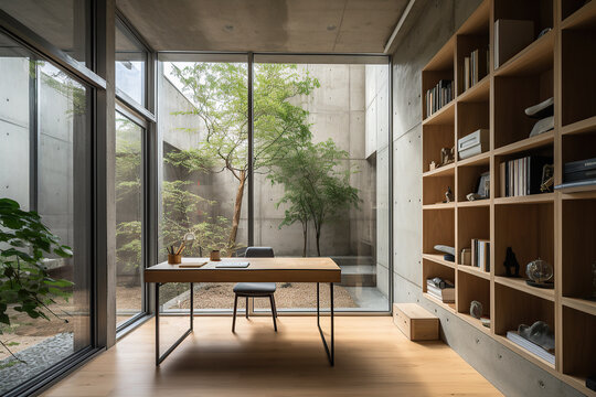 Architecture image of modern design style home office with desk and bookshelf. Generative AI.