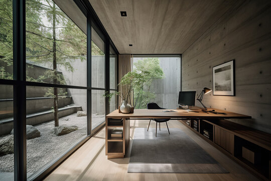 Architecture image of Japanese modern design style home office with desk. Generative AI.