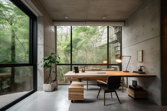 Architecture image of modern design home office and desk. Generative AI.