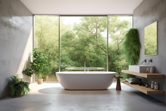 Fototapeta Luxury modern design bathroom with bathtub and large window and plants. Generative AI.