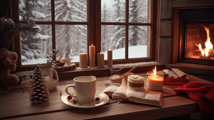 Naklejka na ściany i meble Cozy winter scene with fireplace and hot cocoa and winter related things