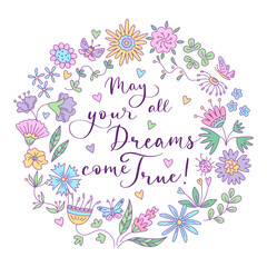 Greeting card with floral design and lettering in the round frame. Vector isolated color illustration in doodle style.