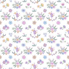 Floral seamless pattern with  birds and flowers. Vector color illustration on the white background in doodle style.