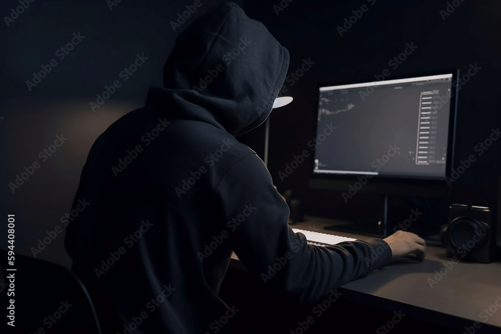 Poster hacker in hoodie at work: cybersecurity and hacking concept