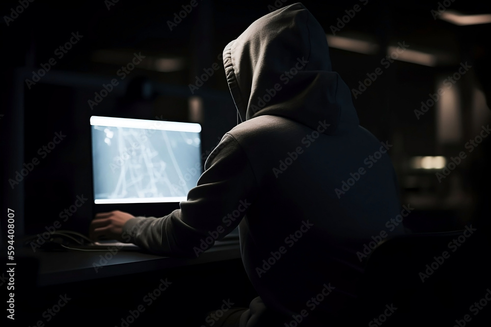 Poster hacker in hoodie at work: cybersecurity and hacking concept