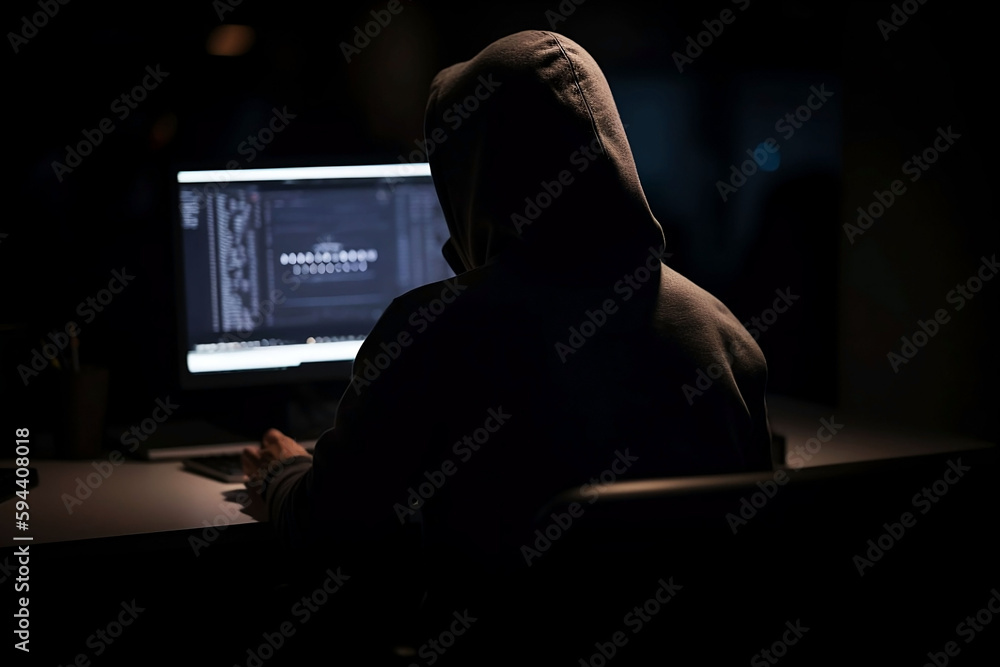 Poster hacker in hoodie at work: cybersecurity and hacking concept