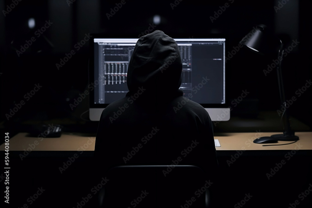 Poster hacker in hoodie at work: cybersecurity and hacking concept