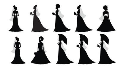 Set of vector silhouettes of an afro bride.