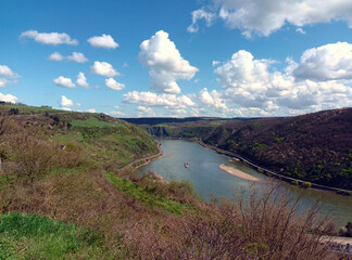 Fototapeta premium Blick auf den Rhein in der Nähe von Oberwesel im Mittelrheintal vom Wanderweg Traumschleife Mittelrhein, der als Deutschlands schönster Wanderweg 2023 nominiert ist.