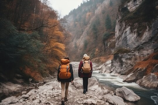 illustration, a man and a woman with a backpack walking on a hike, ai generative