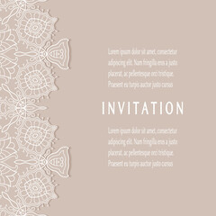 Invitation or Card template with lacе frame border, doodle line pattern, mandala element. Decorative openwork filigree art background for Wedding, Valentine's day greeting card, Birthday Invitation