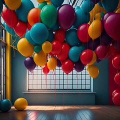 A group of brightly colored balloons in the shape of numbers, hanging from a ceiling or a wall. 

Generative AI"