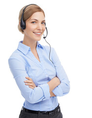 Call center, portrait and arms crossed woman in customer support, contact us or telecom help. Happy...