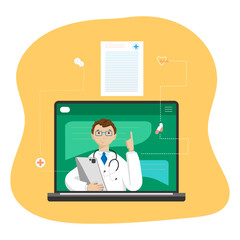 Doctor, cartoon character holding a tablet. Professional advice. Medical concept
