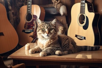 rock star cat sitting on vintage guitar and surrounded by groupies, created with generative ai