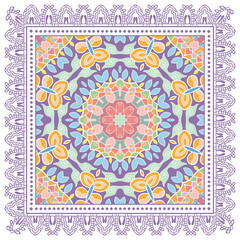 Decorative doodle ornament, symmetric pattern with lace frame. Tribal ethnic mandala decor. Bandana shawl, hijab, tablecloth fabric print, silk neck scarf, kerchief design. Colorful vector background