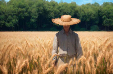 Naklejka na ściany i meble A farmer man in a straw hat. Generative AI.
