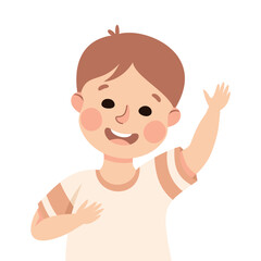 Happy Boy with Raised Up Hand Smiling Vector Illustration