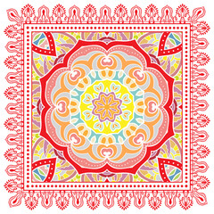 Decorative doodle ornament, symmetric pattern with lace frame. Tribal ethnic mandala decor. Bandana shawl, hijab, tablecloth fabric print, silk neck scarf, kerchief design. Colorful vector background