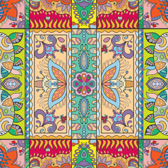 Hand drawn seamless graphic pattern, colorful artistic background with floral and geometric elements. Doodle ethnic mandala ornament for textile fabric, paper print. Surface texture 