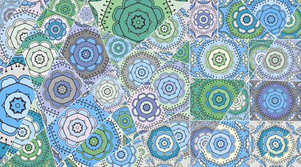 Vector patchwork quilt pattern. Vintage decorative collage. Hand drawn background. Indian, Arabic, Turkish motifs for printing on fabric or paper. Abstract colorful doodle pattern in mosaic style