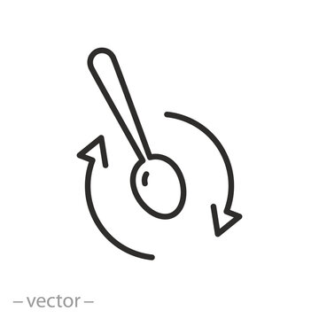 stirring teaspoon icon, arrows spin with spoon, thin line symbol on white background - editable stroke vector illustration eps10