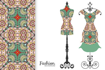 Vector fashion illustration. Vintage tailor dummy, dress model, colorful seamless pattern for textile fabric, paper print, invitation, business card design. Boho style isolated clothes collection