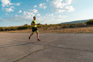 Fototapeta premium Triathlete in professional gear running early in the morning, preparing for a marathon, dedication to sport and readiness to take on the challenges of a marathon. 